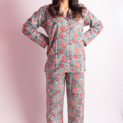 Womens Cotton Block Print Pajamas Set Button Down Sleepwear Loungewear  Nightgown | eBay